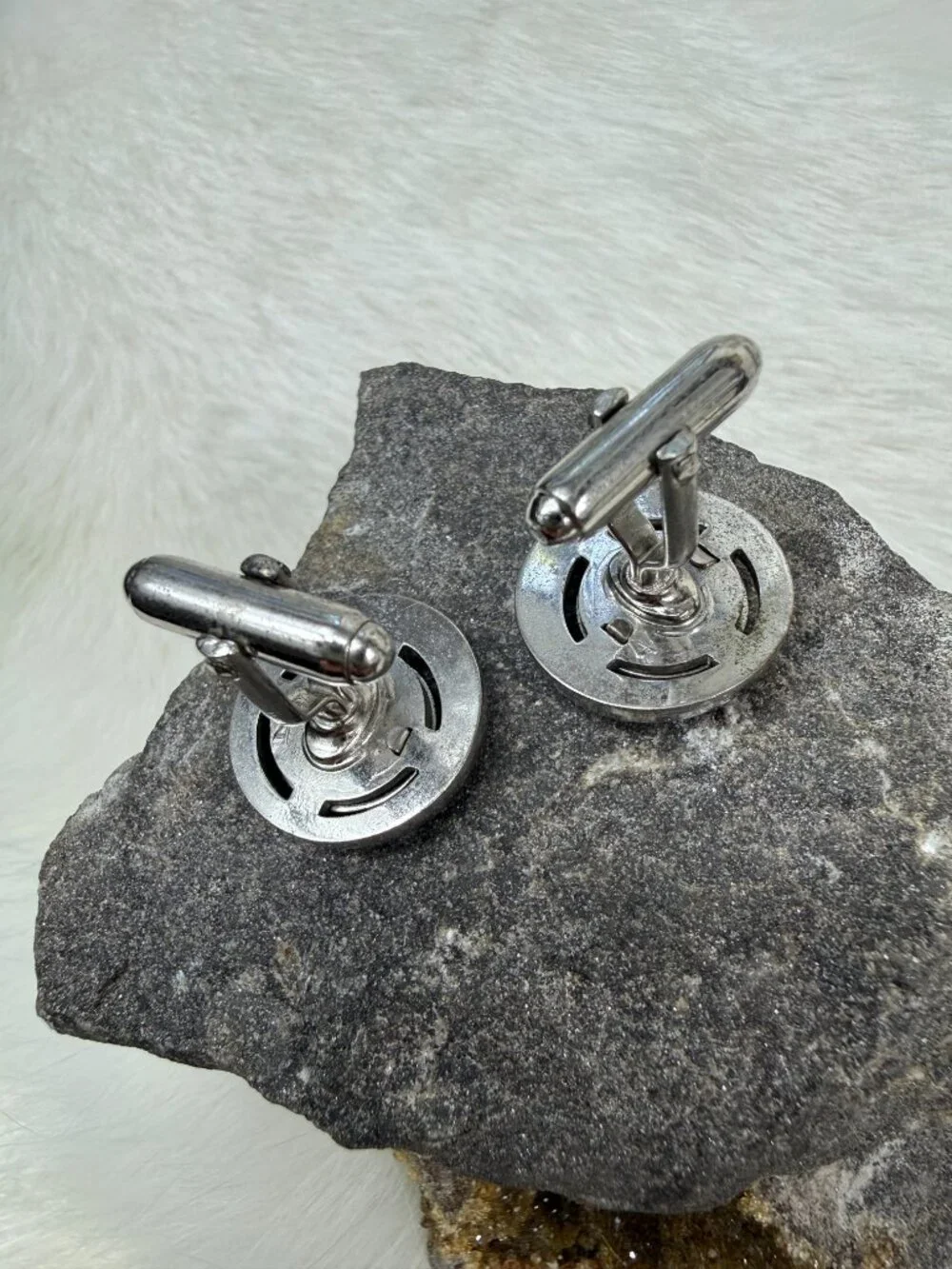 Vintage Anson Black Glass Oval Silver Tone Cuff Links Cufflinks MCM .75